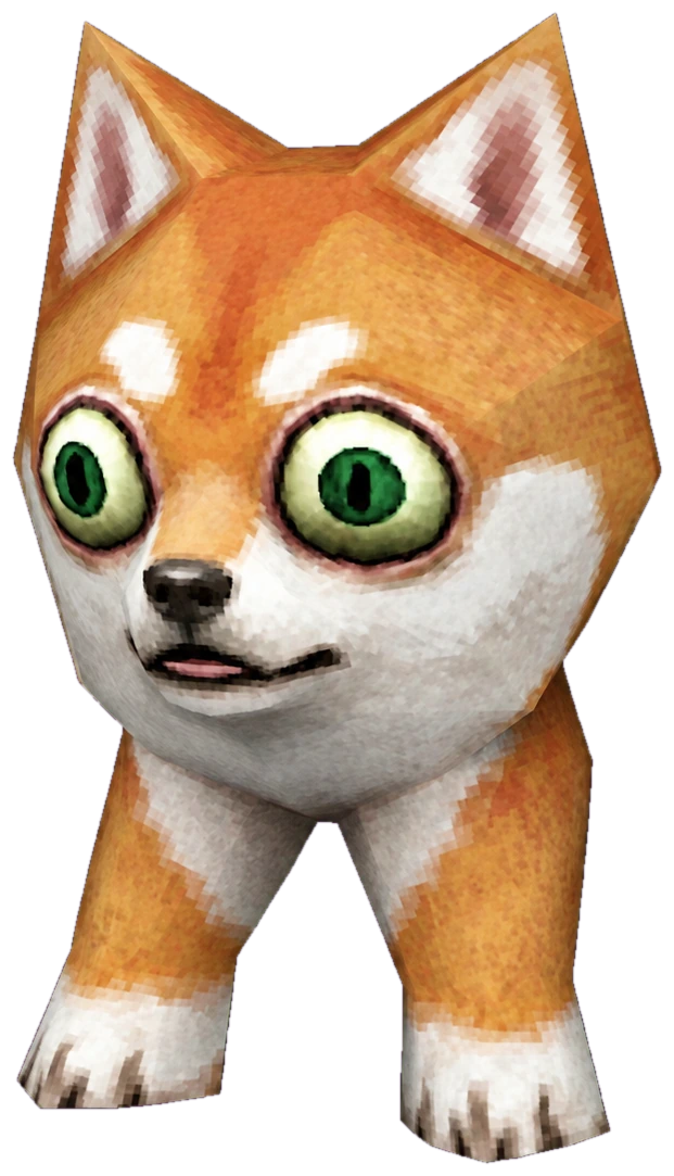 a shiba with enormous green eyes, standing very still in front of the sun, a little smaller than he was at breakfast